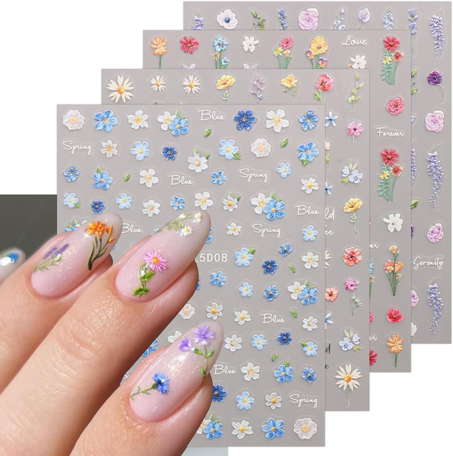 JMEOWIO 3D Nálepka na nehty Blumen Nálepka na nehty Selbstklebend Nagelaufkleber 5D Stereoskopické jarní letní Dekorace Blumen Nageldesign Zubehör 4 Blatt