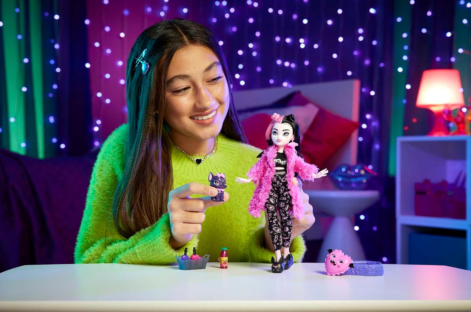 Příslušenství pro panenky a pyžamové párty MONSTER HIGH Draculaura Bat Count Fabulous Doll Pet Creepover Party HPY66 Naty Shop Dolls