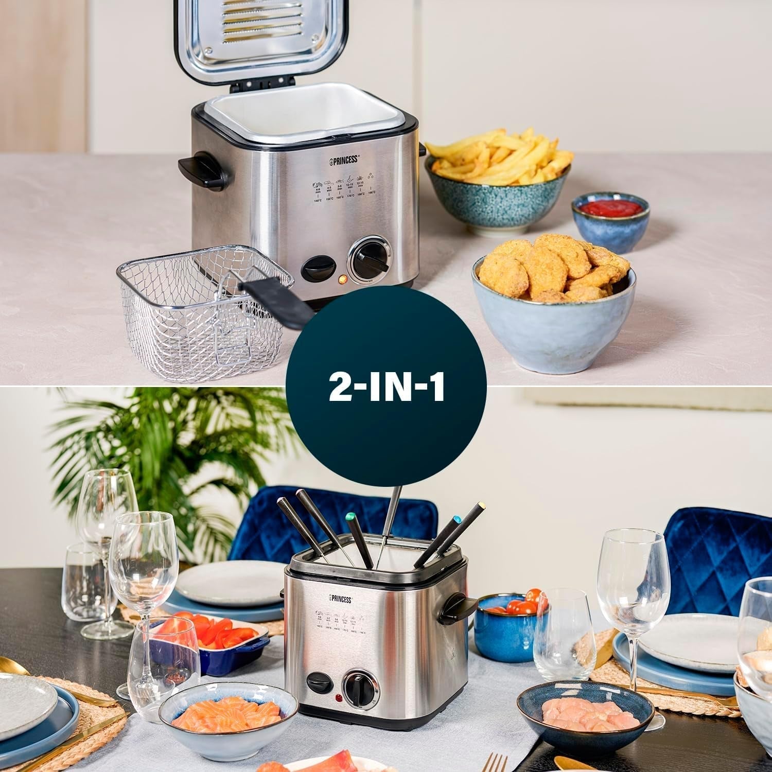 Princess 182611 Mini Fondue Fritéza - Rychlý ohřev - Pachový filtr - Kapacita 1,2 litru, Stříbrná domácí spotřebiče Naty Shop