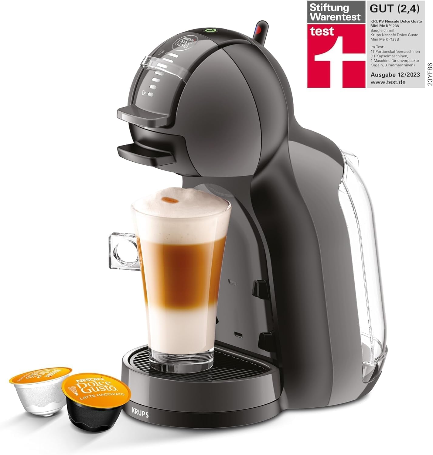 NESCAFÉ DOLCE GUSTO Krups KP1238 Mini Me kávovar na kapsle, 15 barů, kompaktní, vysokotlaký kávovar, více než 30 kávových kreací, výběr velikosti nápoje, černá/antracitová mit Dallmayr Prodomo