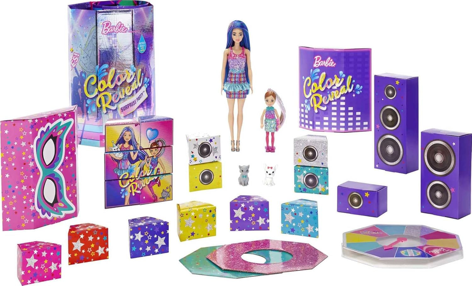 Barbie GXJ88 - Color Reveal Surprise Party, +50 překvapení: 1 panenka, 1 panenka Chelsea, 2 zvířátka, 6 barevných změn, doplňky a další, sada na taneční párty, dárek pro děti od 3 let