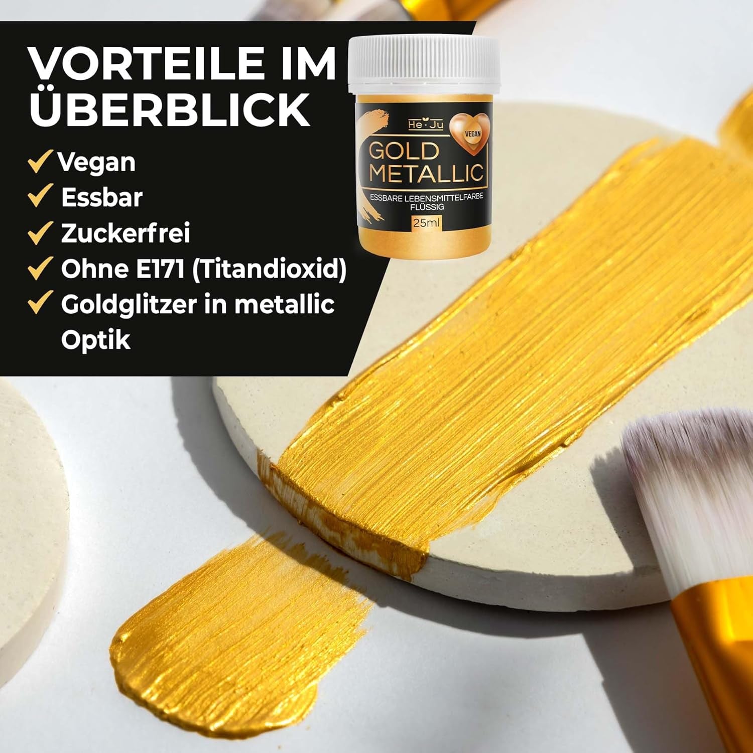 He-Ju Metallic Gold tekuté potravinářské barvivo 25 ml, jedlé třpytky na nápoje a jídlo (kovové zlato, 25 ml)