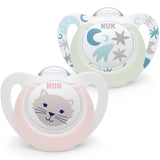 NUK Star Night & Day dětský dudlík 0-6 měsíců Svítí ve tmě Silikon bez BPA Pink Cat 2 balení