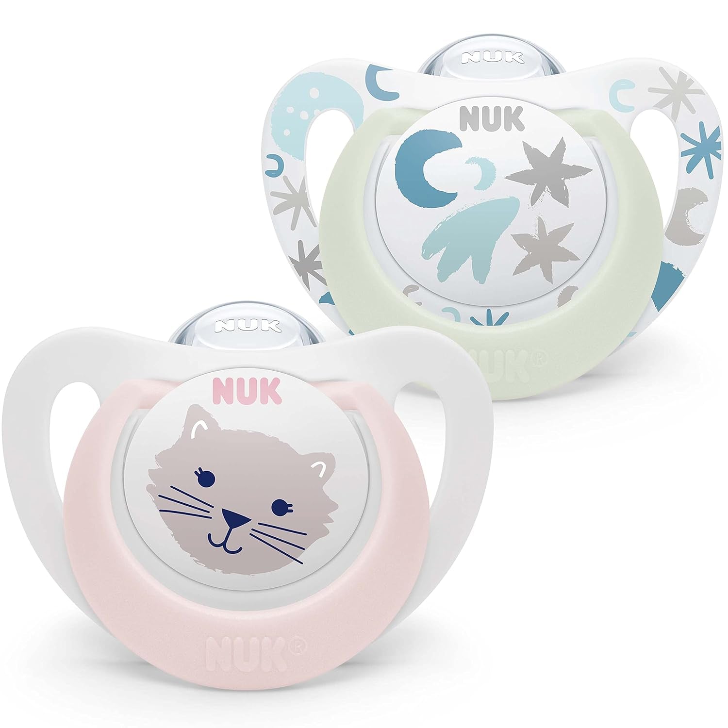 NUK Star Night & Day dětský dudlík 0-6 měsíců Svítí ve tmě Silikon bez BPA Pink Cat 2 balení