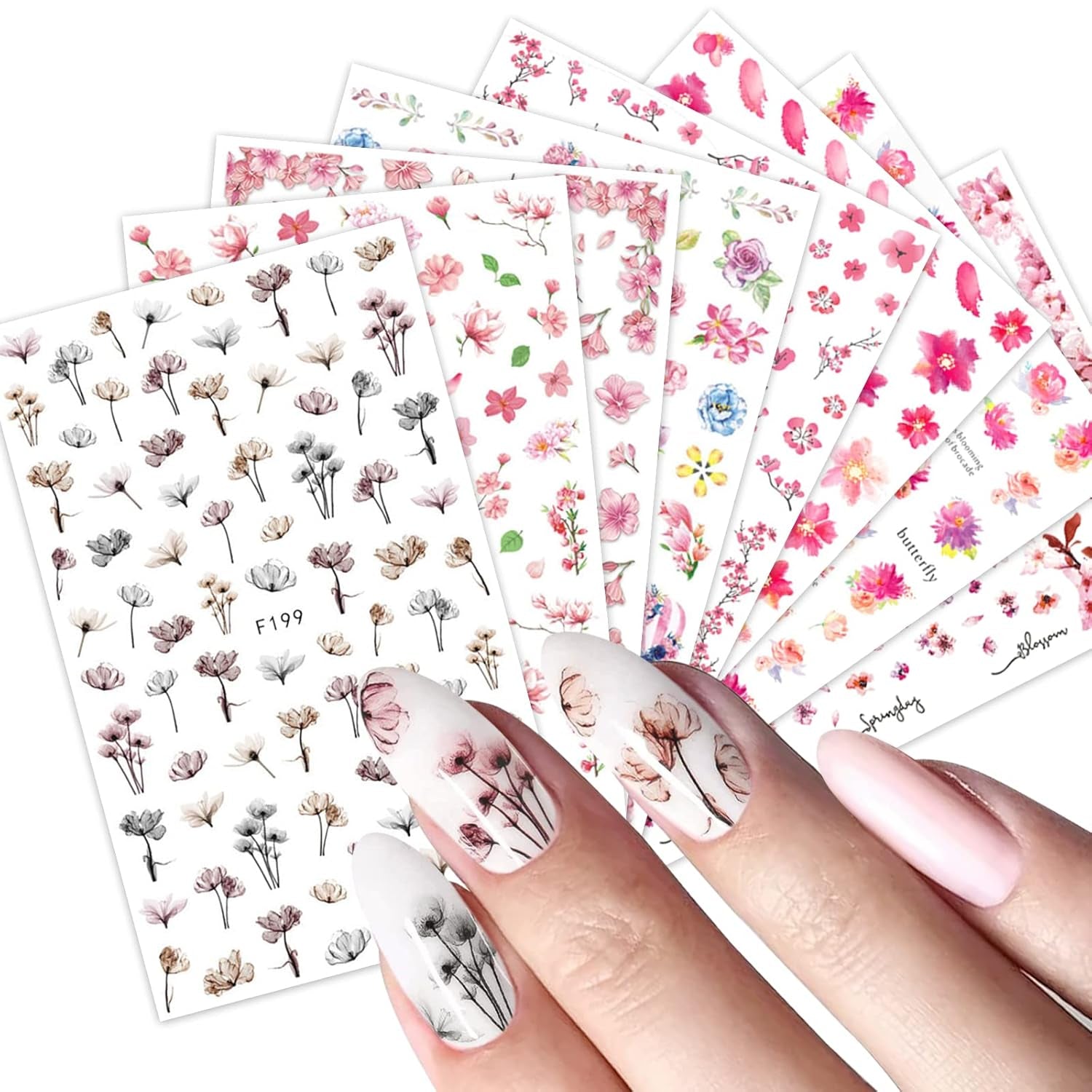 JMEOWIO Nálepka na nehty Frühling Blume 9 Blatt Nagelaufkleber Selbtklebend Rosa Blüte Nálepka na nehty Dekoration Nageldesign Zubehör