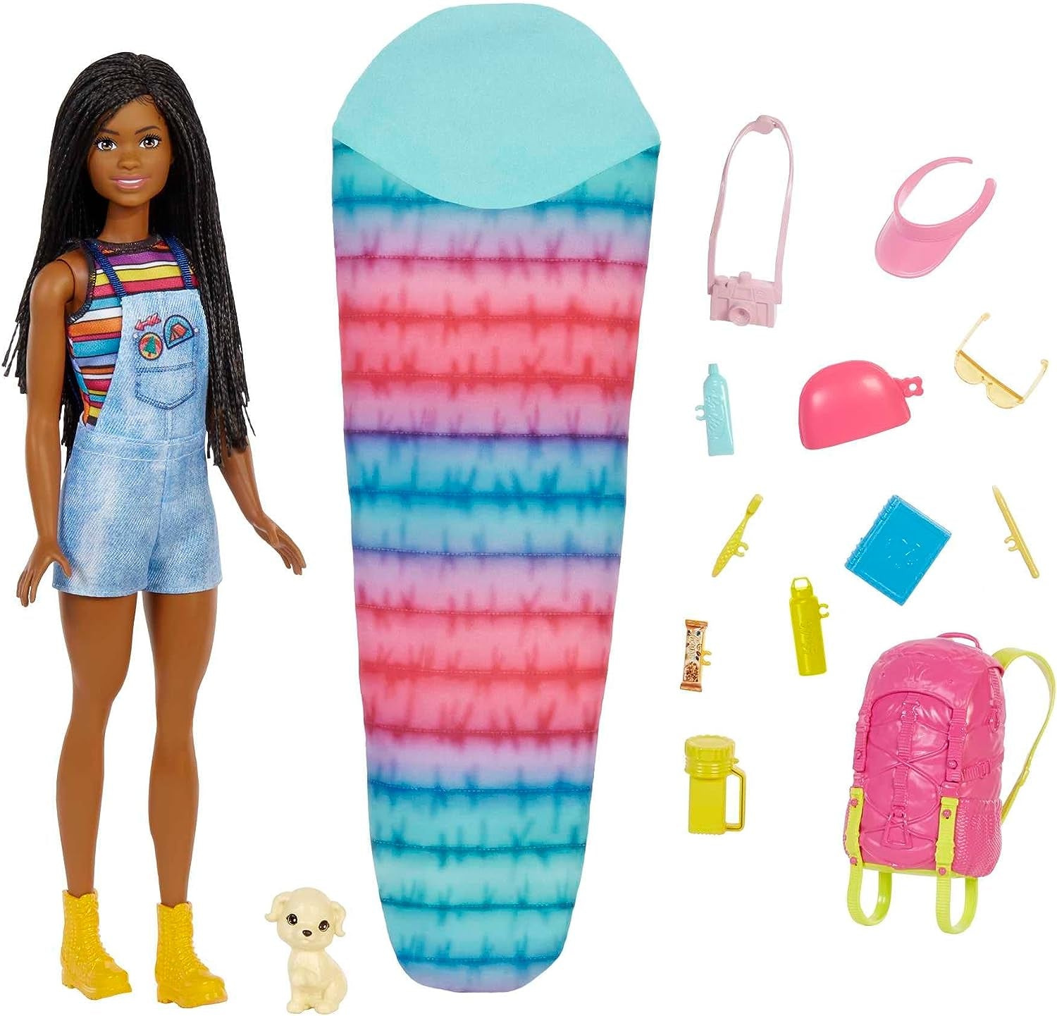 Panenka Barbie HDF74 ve dvou baleních! Brooklyn Camping Doll (bruneta se zapletenými copánky, cca 29 cm) se štěnětem, batohem, spacím pytlem, 10 kempingovými doplňky, dárek pro děti od 3 let