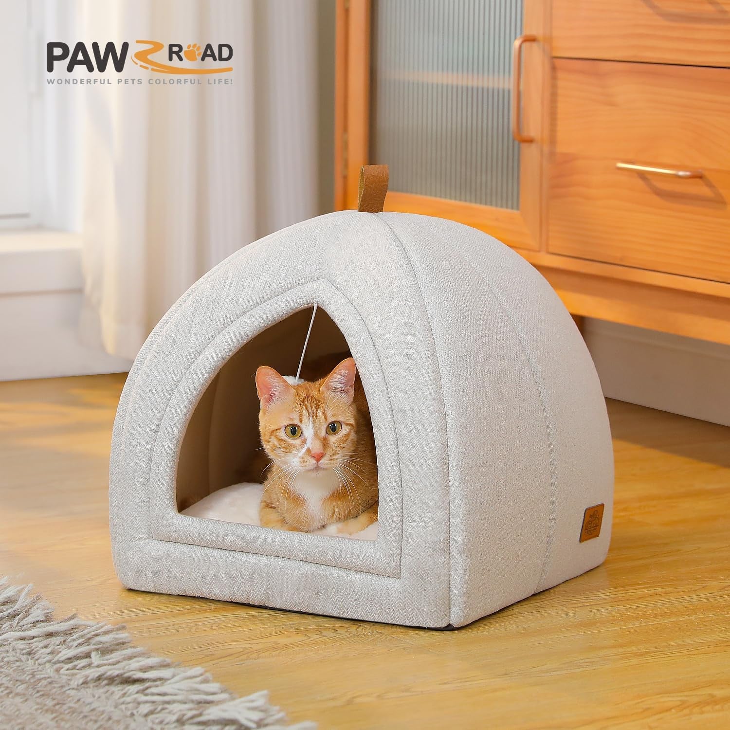 PAWZ Road Katzenhöhle mit waschbaren Kissen, Hundebett kleine Hunde, Kleintierhaus, Katzenschlafplatz-Bettchen, Katzenhaus Indoor, Béžová, 40x40x40cm