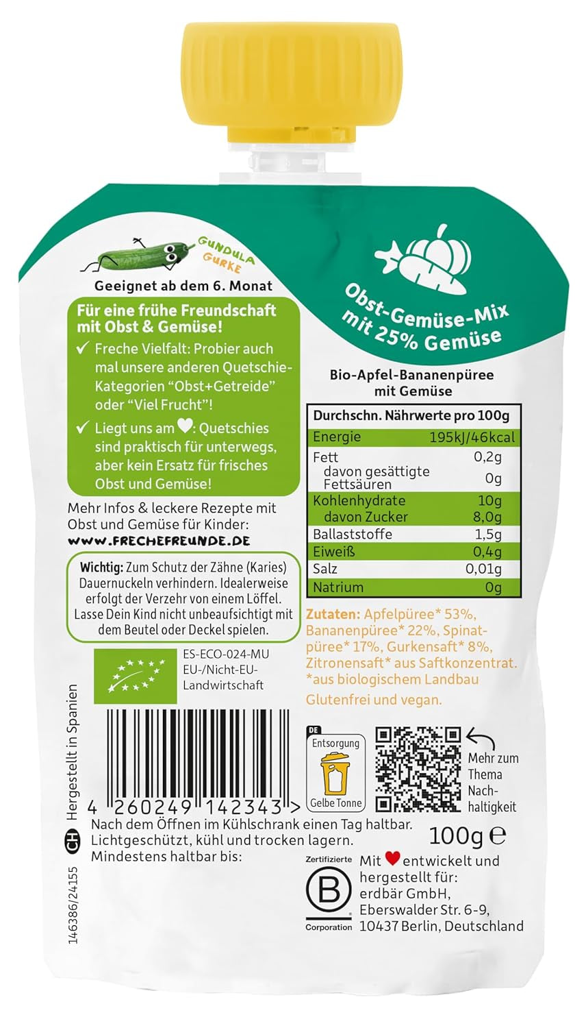 FRECHE FREUNDE Bio lisovatelná ovocná kapsička s jablky, banány, špenátem a okurkou, pyré a zeleninou v lisovatelné kapsičce pro miminka od 6 měsíců, veganská, balení 6 ks (6 x 100 g)