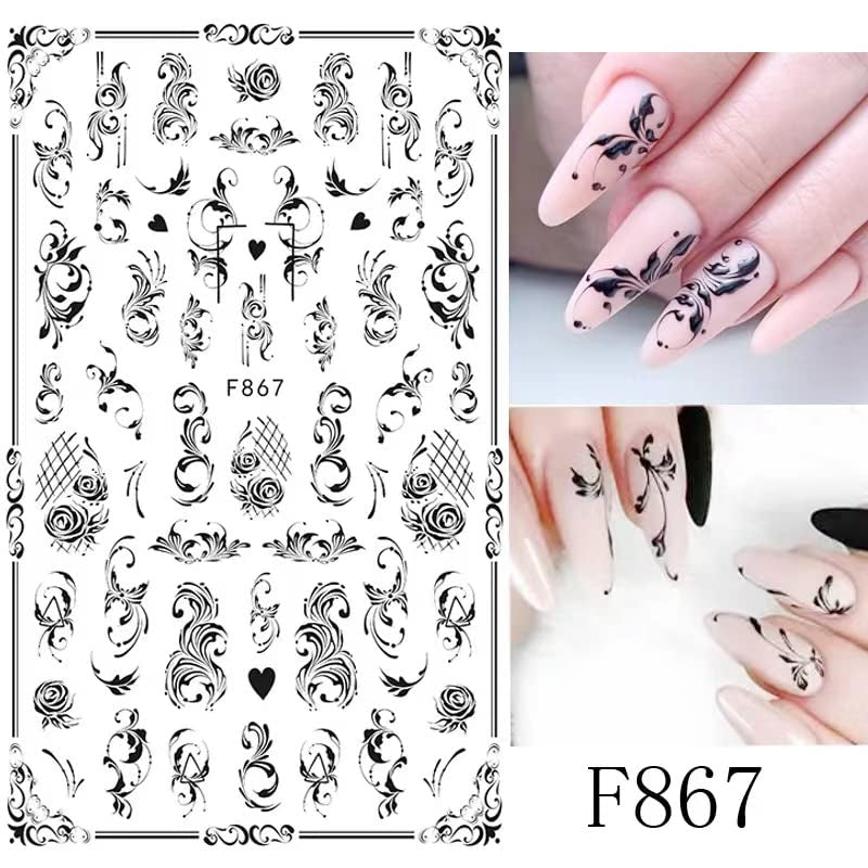 JMEOWIO Nálepka na nehty Blumen 10 Blatt Nagelaufkleber Selbtklebend Černá Bílá Blossom Nálepka na nehty Dekoration Nageldesign Zubehör