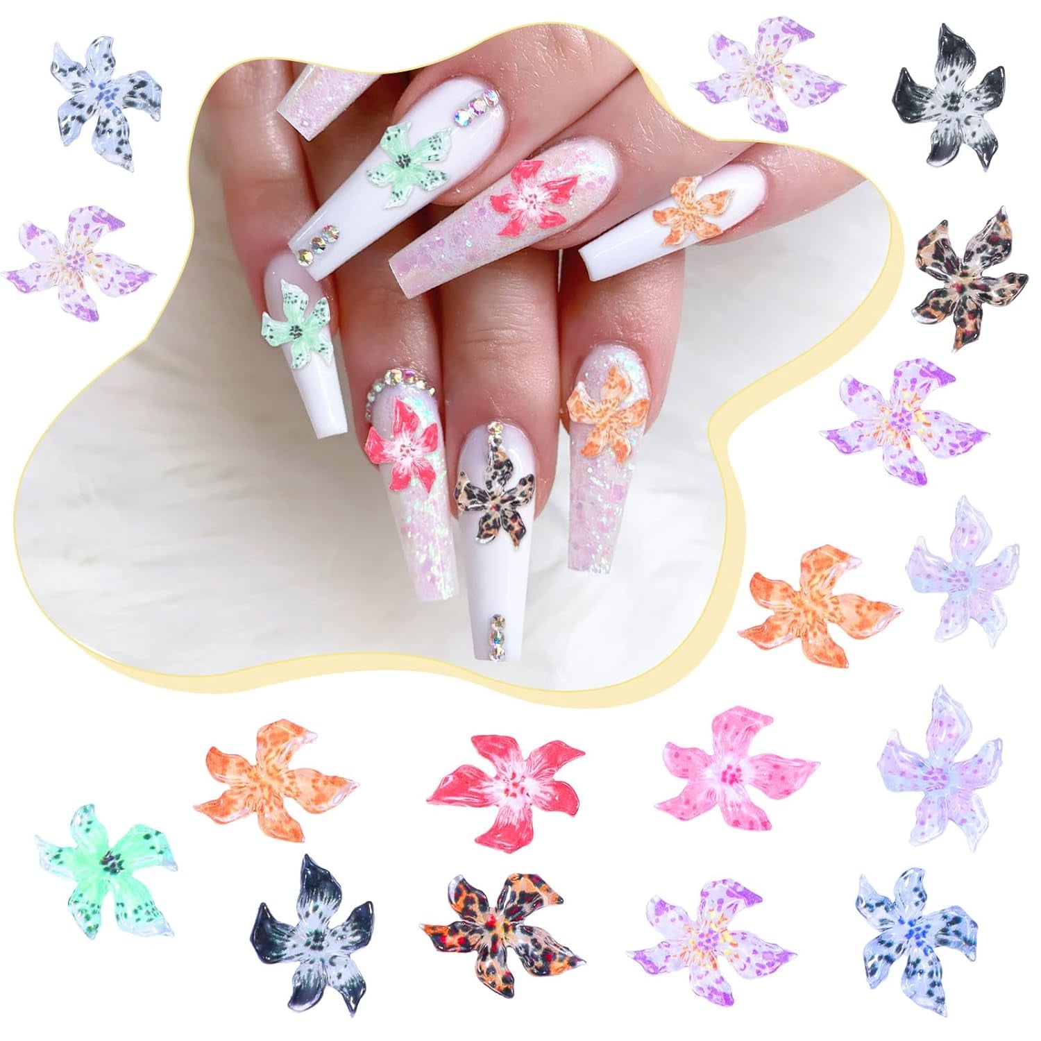 50 ks 3D Blumen Nägel Nail Charms Bunt Gelee Weich Kleber Lilie Flower Blume Nagel Ibišek Zubehör Nageldesign Eis Kristall Geprägt Farbverlauf Lilien Für Mädchen Frauen Diy Basteldekoration