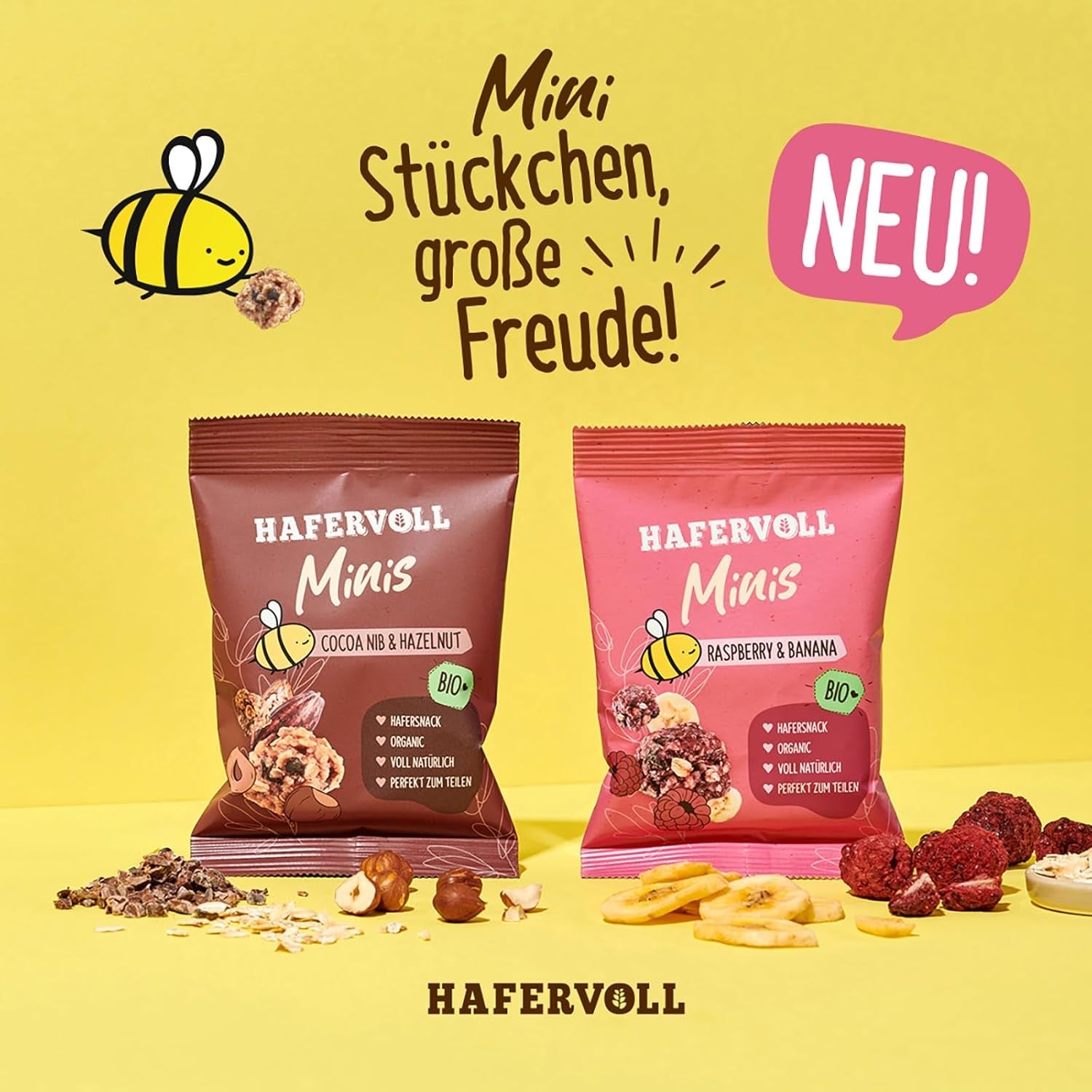 HAFERVOLL Minis řepka a banán 8x 65g – certifikované bio, s medem, bez přidaného cukru, ideální pro sdílení