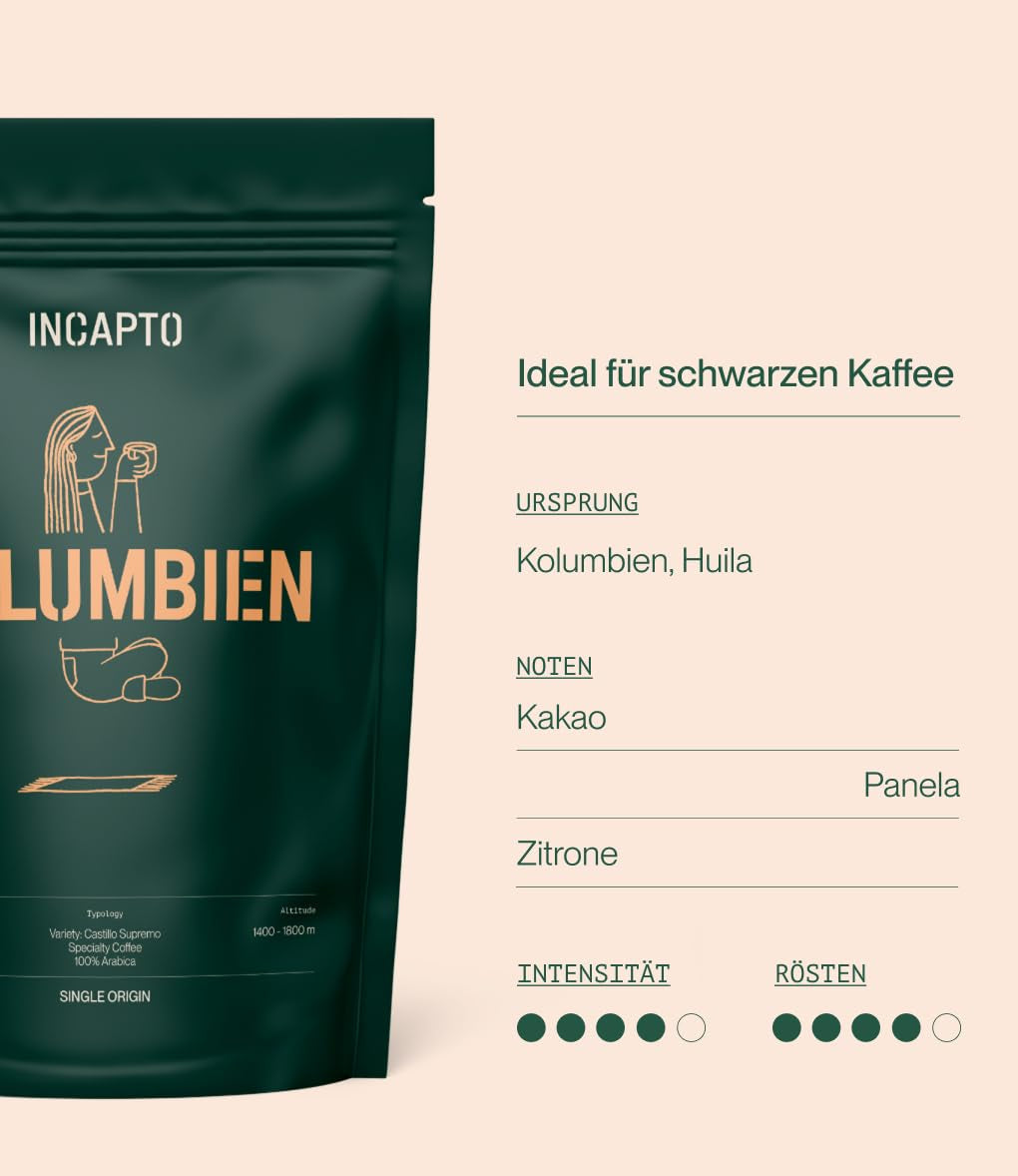 Incapto Spezialitäten-Kaffeebohnen | Kolumbijský jediný původ | Espresso 100% Arabica | Speciální káva 84 bodů SCA | Tradiční Geröstete Bohnenkaffee | Plantage Huila, Cadefihuila, 1kg