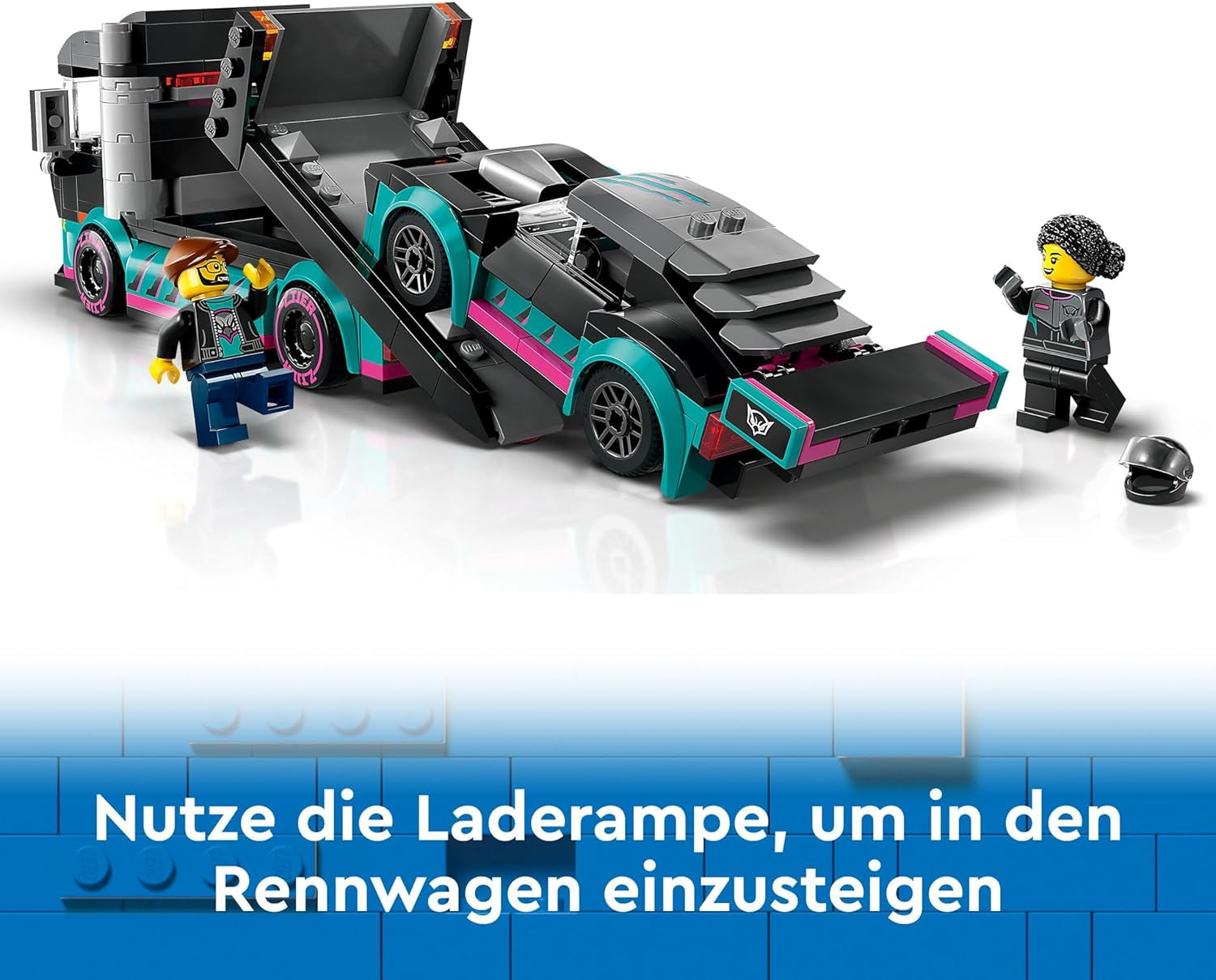 LEGO City Car Transporter se závodním autem, náklaďákem s nastavitelnou nakládací rampou a závodním autem, stavebnice se 2 minifigurkami, závodním jezdcem a řidičem kamionu, pro děti od 6 let 60406 Stavebnice Besuche den LEGO-Store