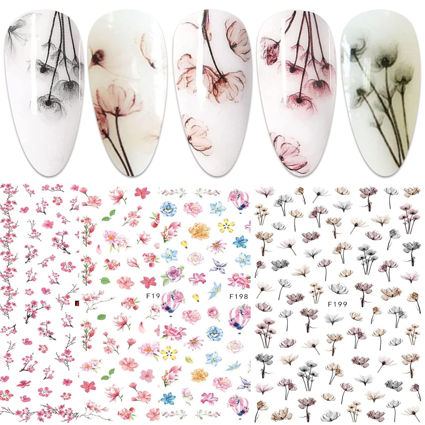 JMEOWIO Nálepka na nehty Frühling Blume 9 Blatt Nagelaufkleber Selbtklebend Rosa Blüte Nálepka na nehty Dekoration Nageldesign Zubehör