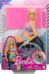 Panenka Barbie Fashionista, blond vlasy a duhový overal, včetně invalidního vozíku a rampy, dárek pro panenku pro děti, hračka pro děti od 3 let, HJT13