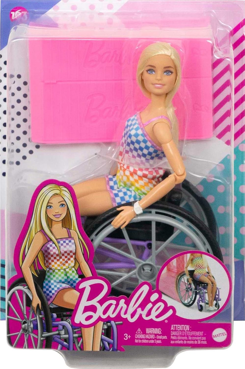 Panenka Barbie Fashionista, blond vlasy a duhový overal, včetně invalidního vozíku a rampy, dárek pro panenku pro děti, hračka pro děti od 3 let, HJT13