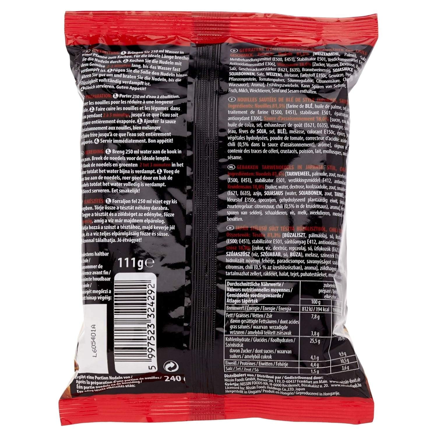Smažené pšeničné nudle Nissin s příchutí chilli, 111g
