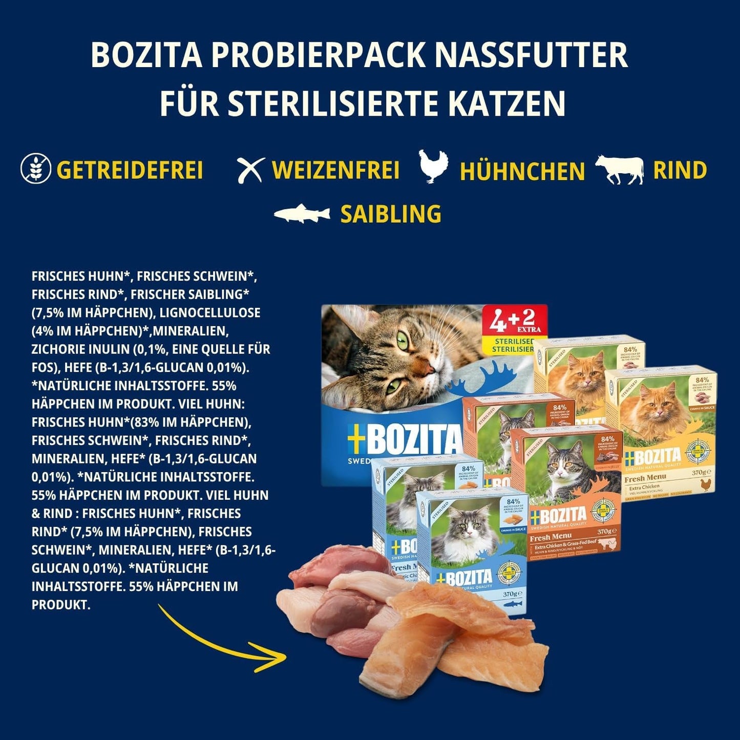 Zkušební balení Bozita Tetra v omáčce se spoustou kuřecího masa, dřevěného uhlí a spoustou kuřecího a hovězího masa v želé - 4+2-6x370g Krmivo bez obilovin a cukru pro sterilizované kočky se 7,5 % bílkovin a 5 % tuku