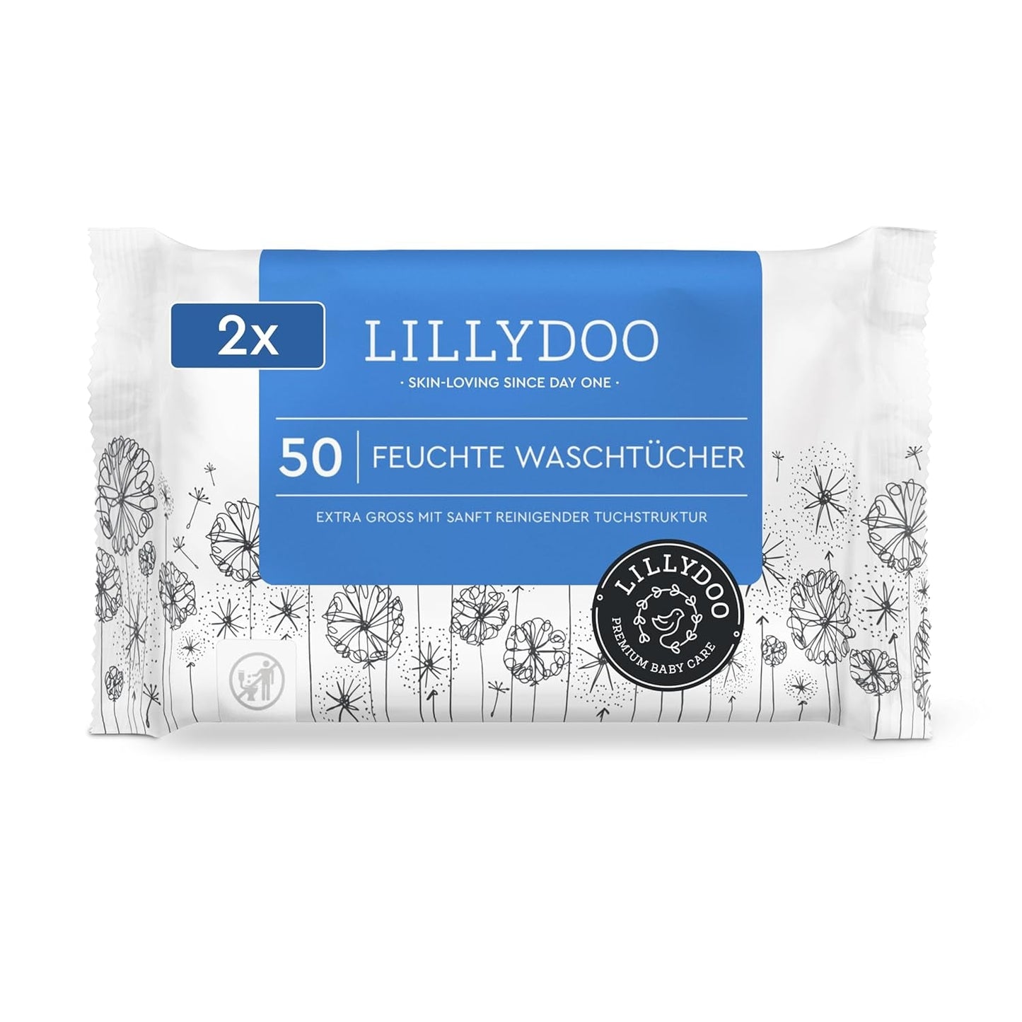 LILLYDOO vlhčené ubrousky 50 kusů 100% extra velké ubrousky bez plastů Neparfémované