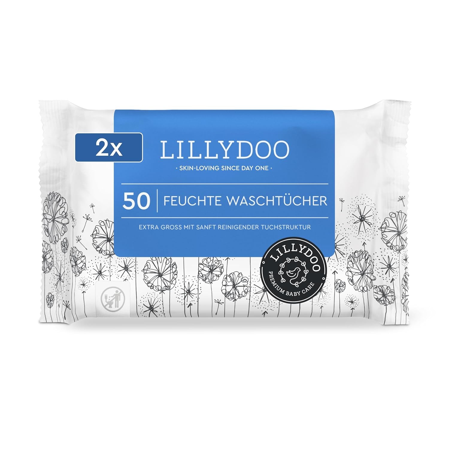LILLYDOO vlhčené ubrousky 50 kusů 100% extra velké ubrousky bez plastů Neparfémované