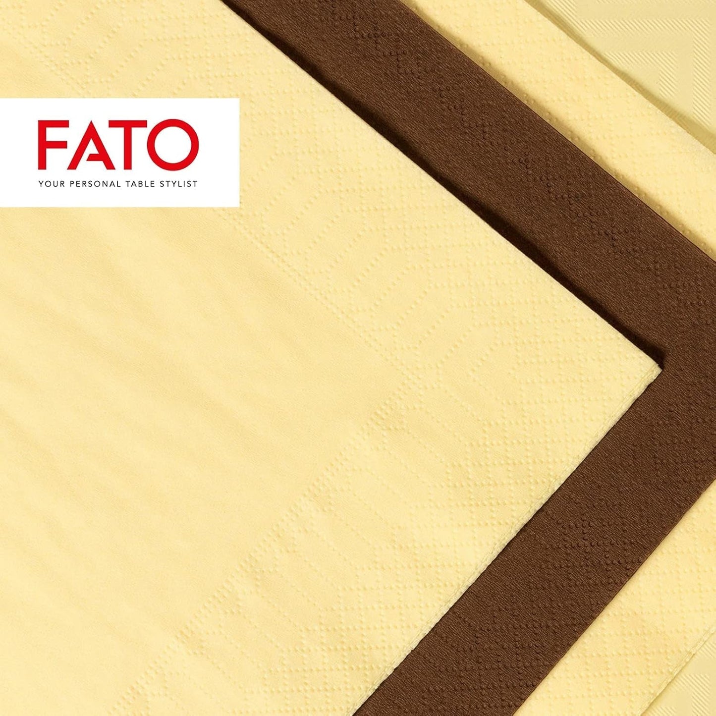 Fato – jednorázové papírové ubrousky, ideální pro příležitostné obědy a bufety, balení 50 ubrousků, velikost 33X33, 4 skládání, 2 vrstvy, barva šampaň, papír ze 100% čisté celulózy, FSC