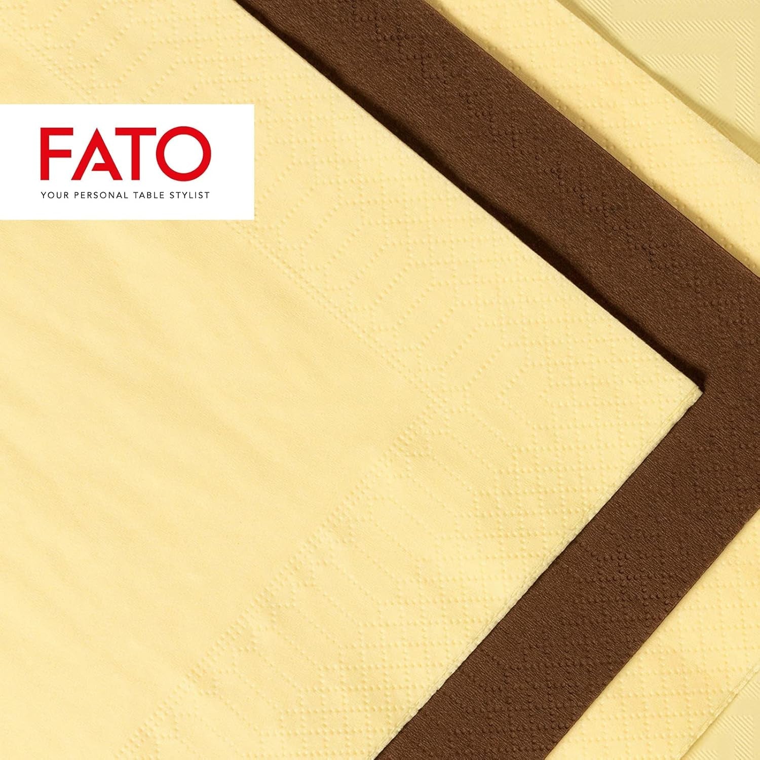 Fato – jednorázové papírové ubrousky, ideální pro příležitostné obědy a bufety, balení 50 ubrousků, velikost 33X33, 4 skládání, 2 vrstvy, barva šampaň, papír ze 100% čisté celulózy, FSC