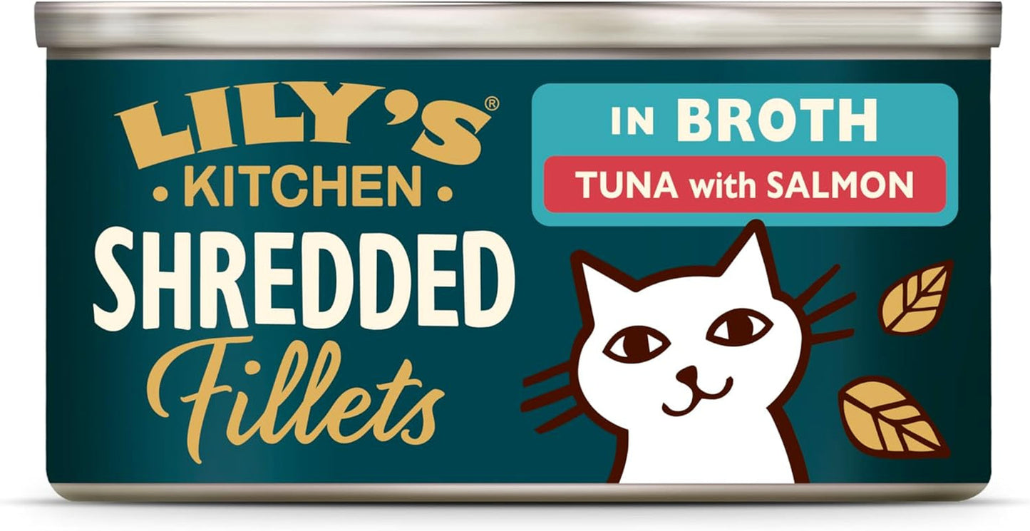 Mleté filety ve vývaru s tuňákem a lososem, připravené z přírodních surovin, Lily's Kitchen, mokré krmivo pro dospělé kočky, krabička 70g