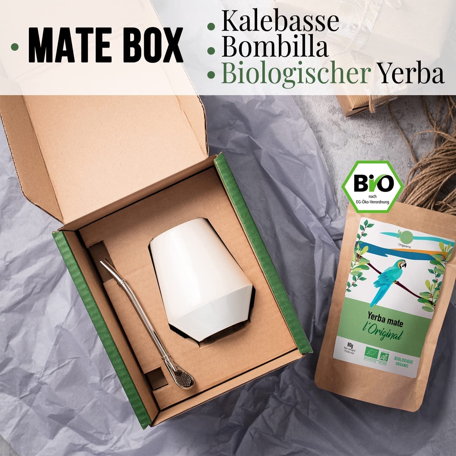 ČAJOVÁ SADA ORIGEENS MATE S portugalským šálkem maté, bombillou a BIO čajem Yerba Mate - Originální dárková sada