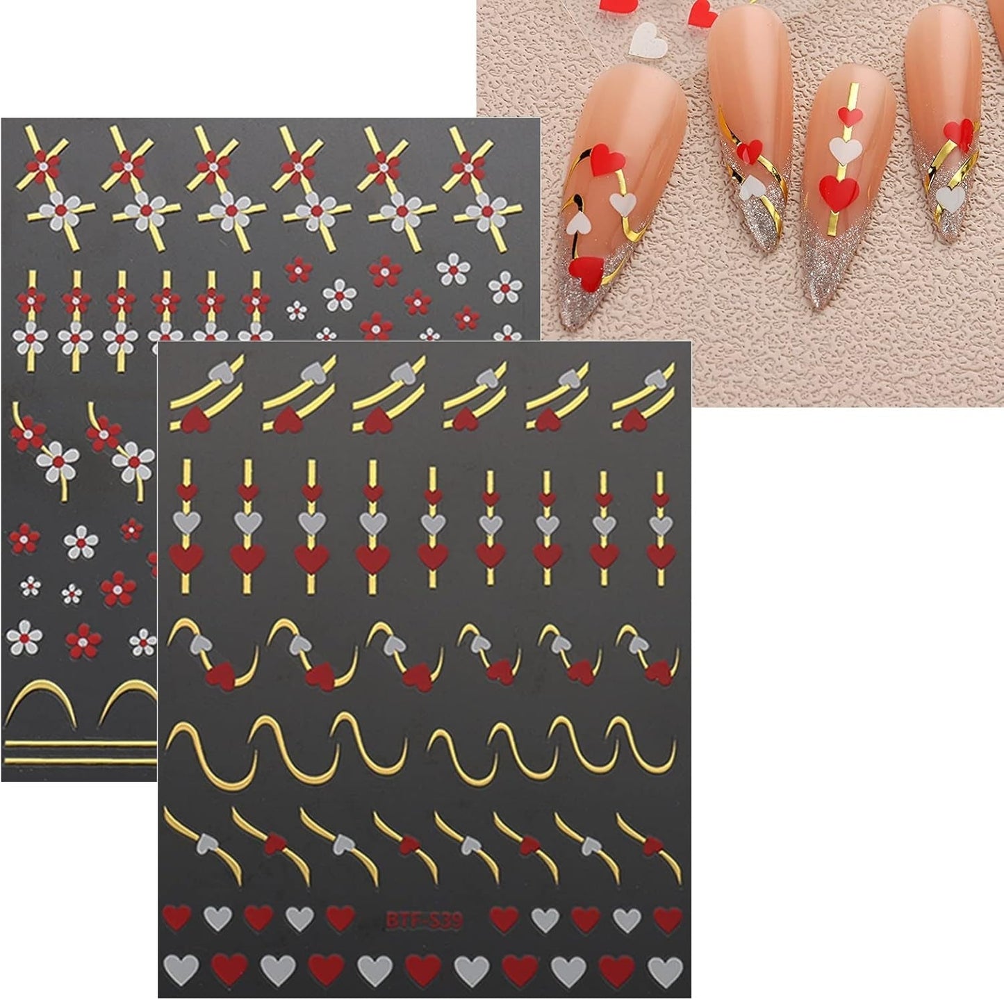 JMEOWIO Nálepka na nehty Herz Linien Blumen 9 Blatt Nálepka na nehty Selbtklebend Nagelaufkleber Bunte Dekoration Nageldesign Zubehör