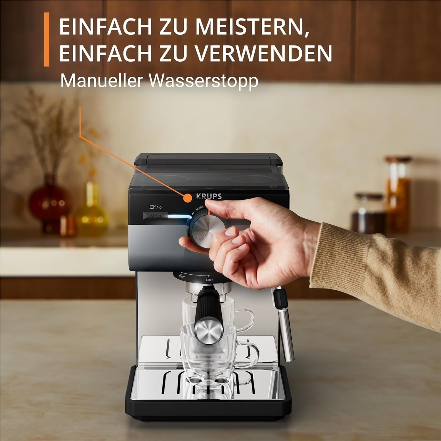 Espresso KRUPS Authentic+, 15 bar, intuitivní ovládání, propracovaný design, parní tryska, včetně rozšířeného příslušenství, Bullet Dark silver/Stainless steel, XP384G10