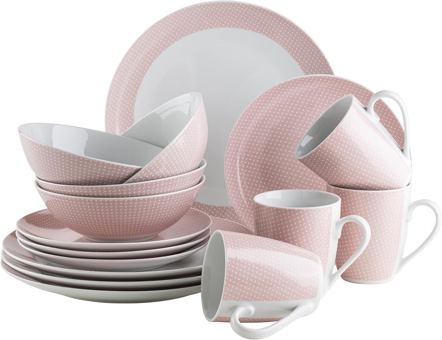 MÄSER Kitchen Time II, Sada nádobí pro 4, Kombinovaná služba se 16 kusy v pastelových barvách s jemným vzorem, Porcelán, Růžová