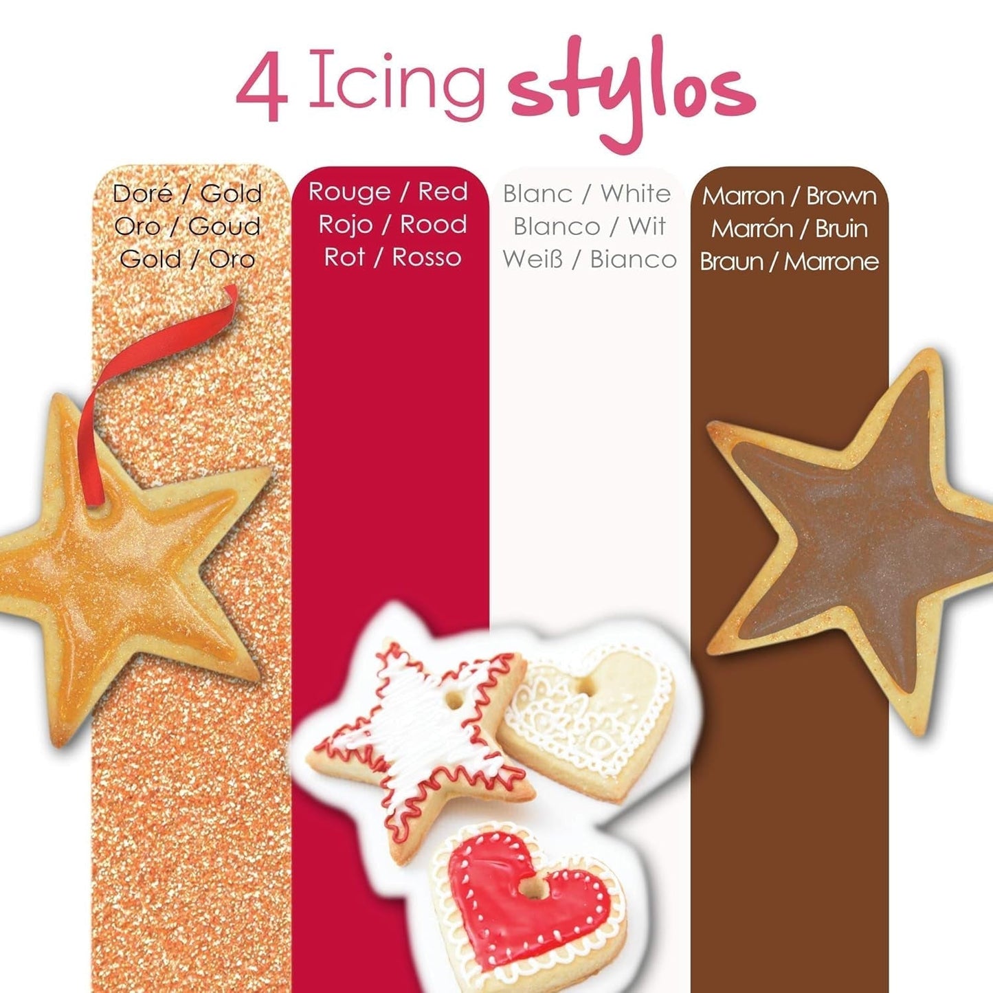 Scrapcooking - 4dílné popisovače: zlaté, čokoládové, bílé a červené - dekorativní jedlá pera pro psaní a kreslení na zákusky, dorty a sušenky