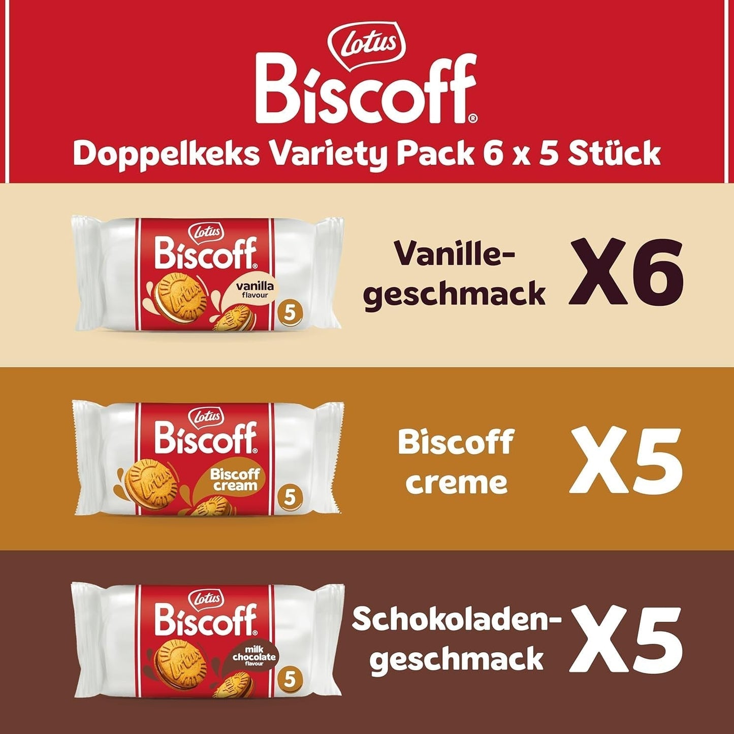 Lotus Biscoff | Dvojité balení sušenek | 3 odrůdy: smetana Biscoff, příchuť vanilka a čokoláda | 5 dvojitých sušenek v balení | Ingredience přírodního původu | Bez barviv | 16 x 50 g | 800 g