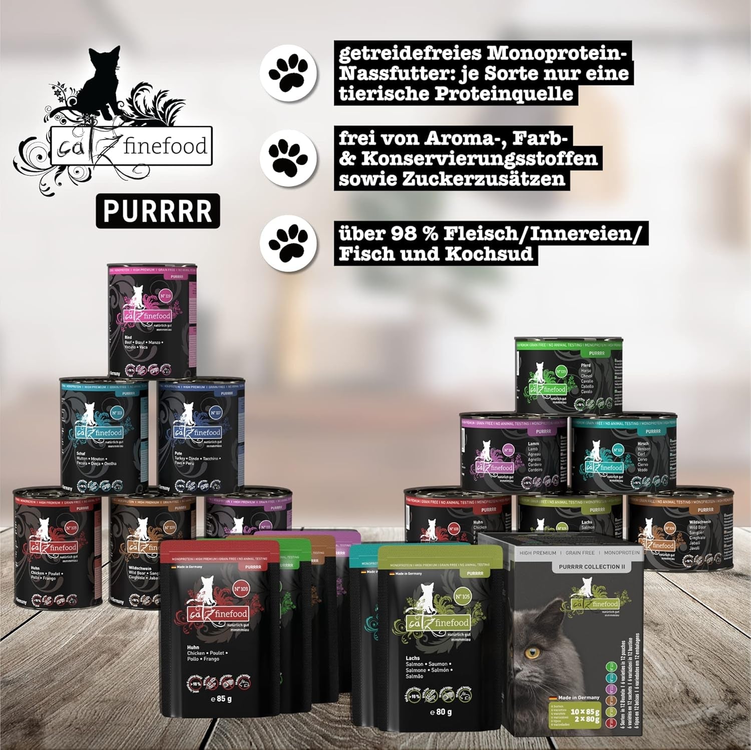 Catz Finefood Purrrr Collection I – Monoproteinové mokré krmivo pro kočky – bez obilovin, bez cukru, hypoalergenní – s vysokým obsahem masa – vícenásobné mokré krmivo pro kočky – v sáčcích, 85 g (12 balení)