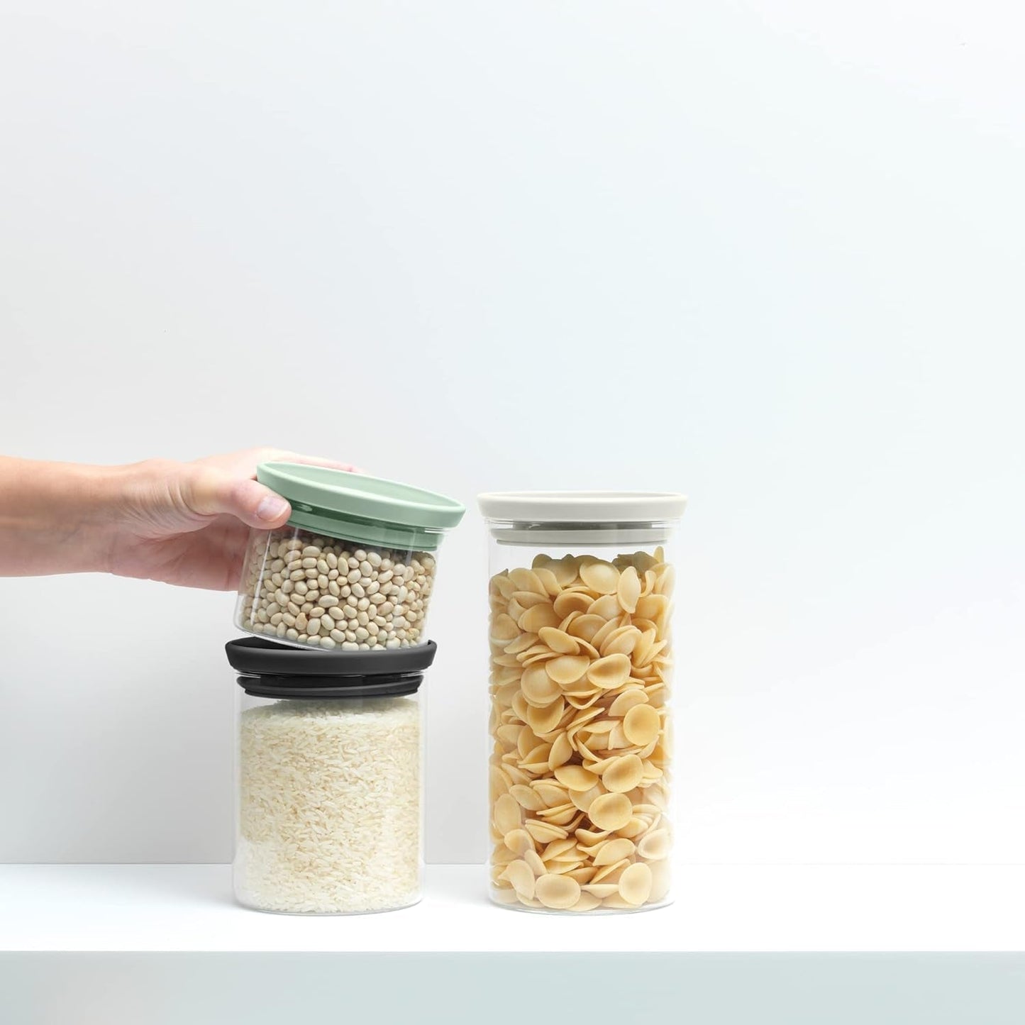Brabantia - Stohovatelná skleněná dóza s víkem - Sada 3 kusů - Skladování potravin - Uchová potraviny déle čerstvé - Silikonové těsnění - Lze mýt v myčce - Tmavě šedá/světle šedá/Jade zelená - 0,3l/0,6l/1,1l krabičky na potraviny Naty Shop