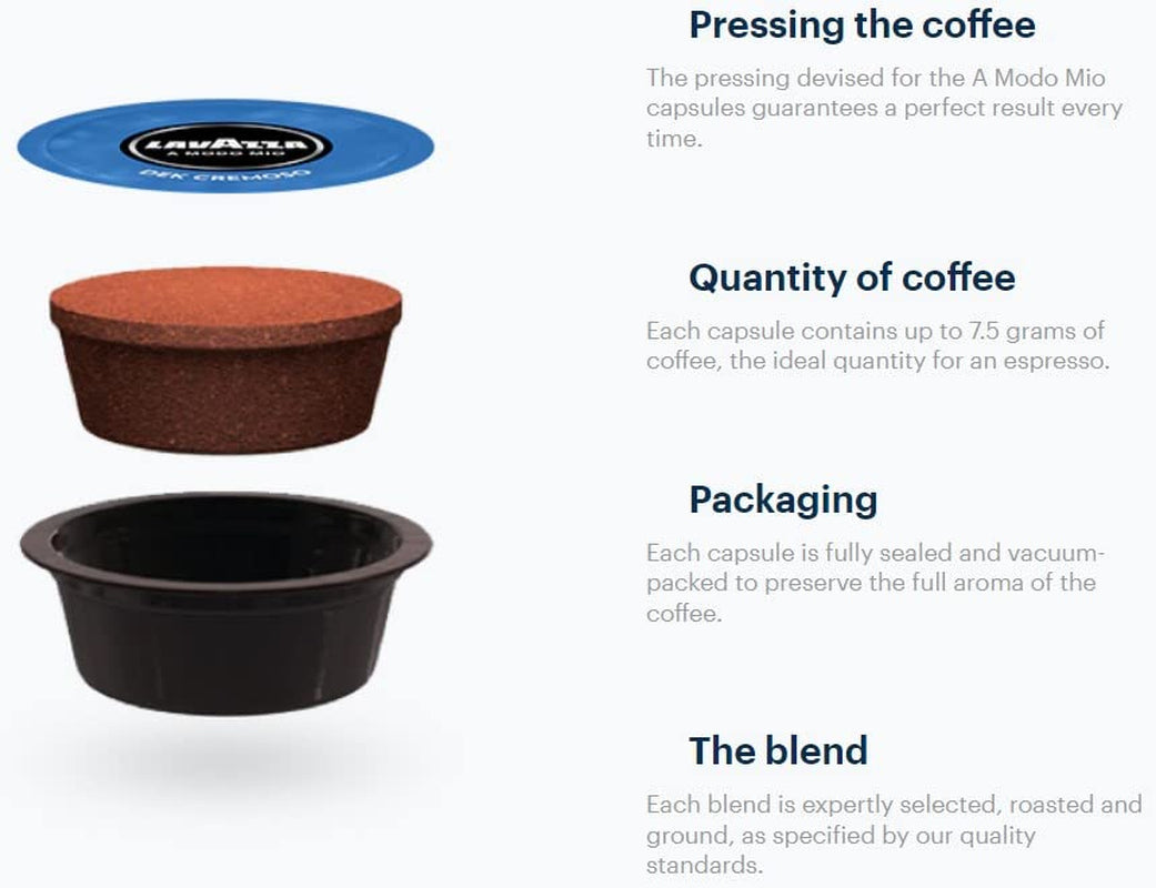 Lavazza A Modo Mio Dek Cremoso, 256 kávových kapslí, na espresso bez kofeinu s aromatickými tóny mandlí a canditis, 100% Arabica, intenzita 7/13, středně pražení, 16 balení