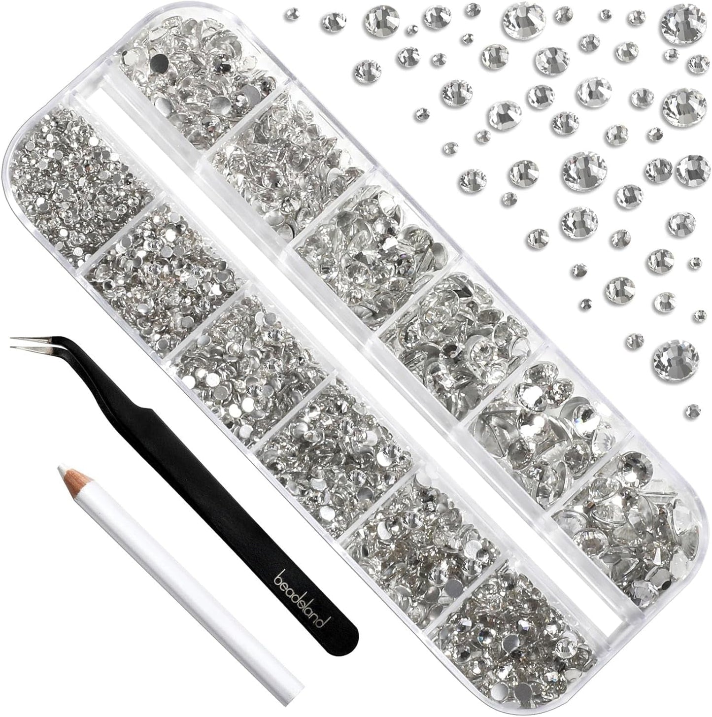 Beadsland 2500 ks Glas Nailart Strasssteine ​​​​Kristall Flatback Edelsteine ​​Runde, ​​Für Handwerk Gemischt 8 Größen SS4 ~ SS30 Mit Picking Pinzette Und Stift (Kristall Weiss)