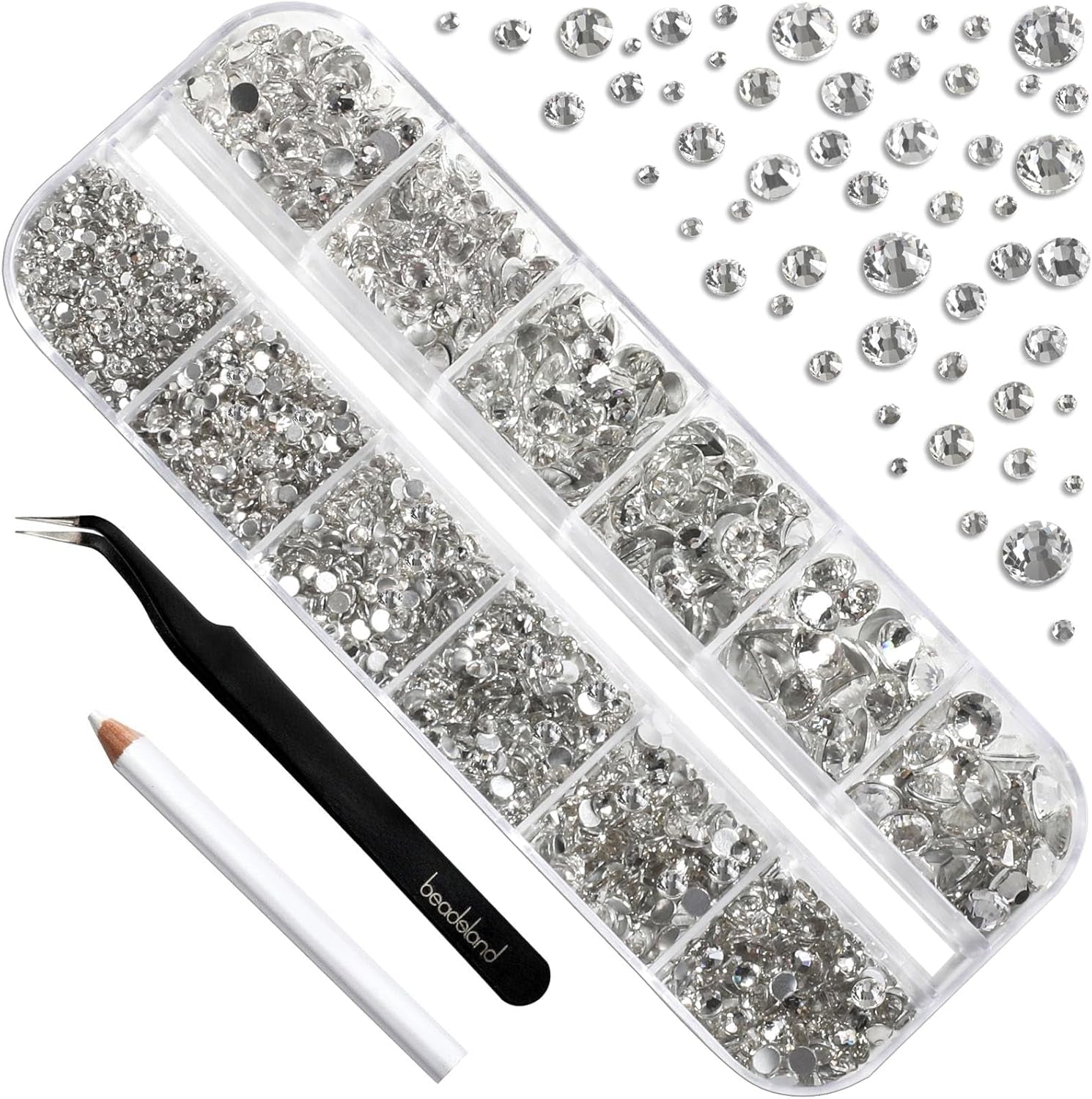 Beadsland 2500 ks Glas Nailart Strasssteine ​​​​Kristall Flatback Edelsteine ​​Runde, ​​Für Handwerk Gemischt 8 Größen SS4 ~ SS30 Mit Picking Pinzette Und Stift (Kristall Weiss)