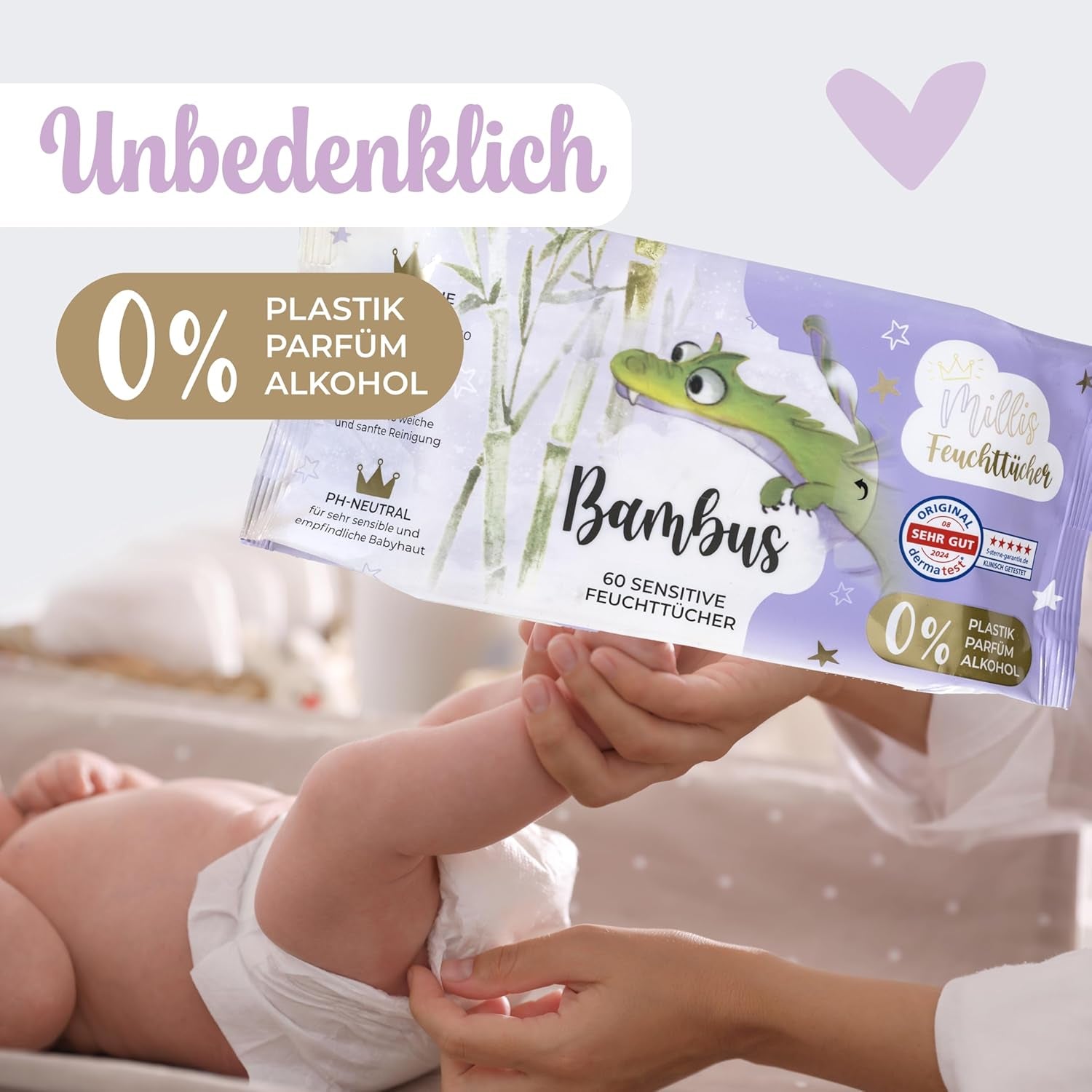 Millis Bamboo Baby Sensitive vlhčené ubrousky pro jemnou dětskou pokožku - 5 x 60 kusů - Přírodní, šetrné a udržitelné čištění - Biologicky odbouratelné dětské ubrousky, bez plastů a alkoholu