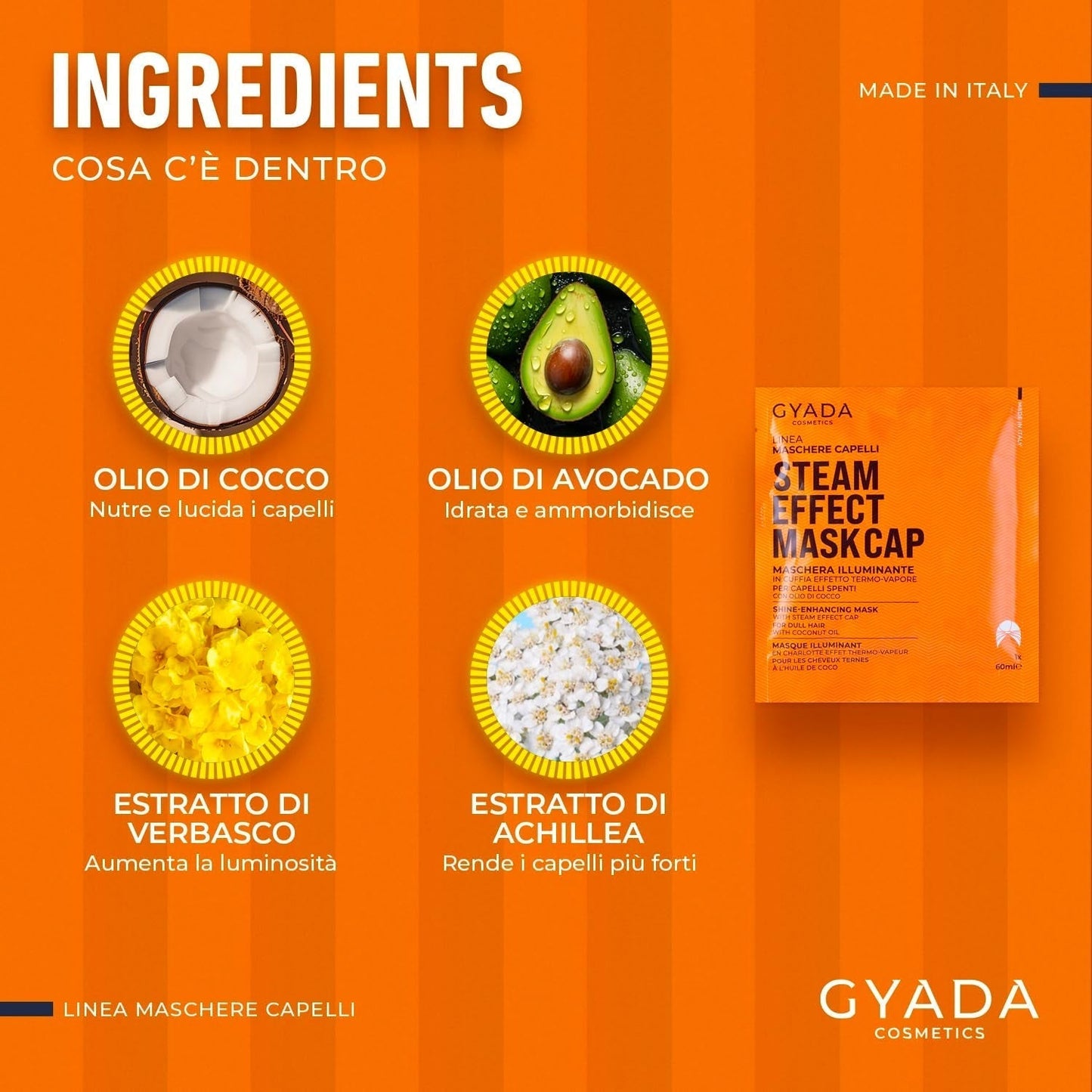 GYADA COSMETICS, maska na vlasy z lehkého a revitalizujícího materiálu, dodává lesk a hebkost, vyživující a opravující účinek, s termálním uzávěrem, na bázi kokosového oleje a avokáda, 60 ml Naty Shop maska na vlasy