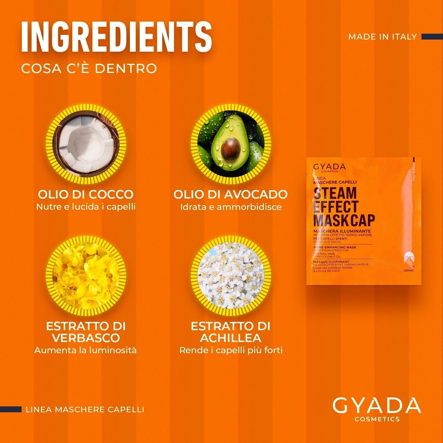 GYADA COSMETICS, maska na vlasy z lehkého a revitalizujícího materiálu, dodává lesk a hebkost, vyživující a opravující účinek, s termálním uzávěrem, na bázi kokosového oleje a avokáda, 60 ml Naty Shop maska na vlasy