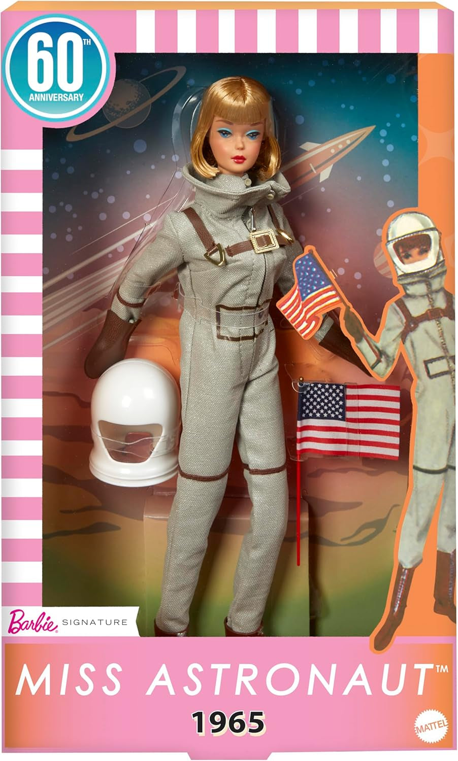 Sběratelská panenka Mattel Barbie Miss Astronaut se stříbrným oblekem, vesmírnými botami a helmou, Vintage reprodukce originálu z roku 1965, JBJ48 Naty Shop Dolls Výchozí název