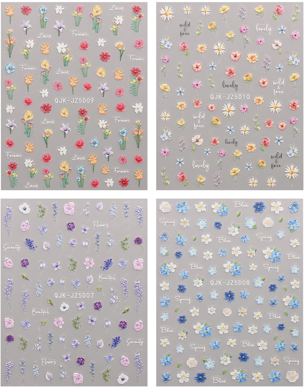 JMEOWIO 3D Nálepka na nehty Blumen Nálepka na nehty Selbstklebend Nagelaufkleber 5D Stereoskopické jarní letní Dekorace Blumen Nageldesign Zubehör 4 Blatt