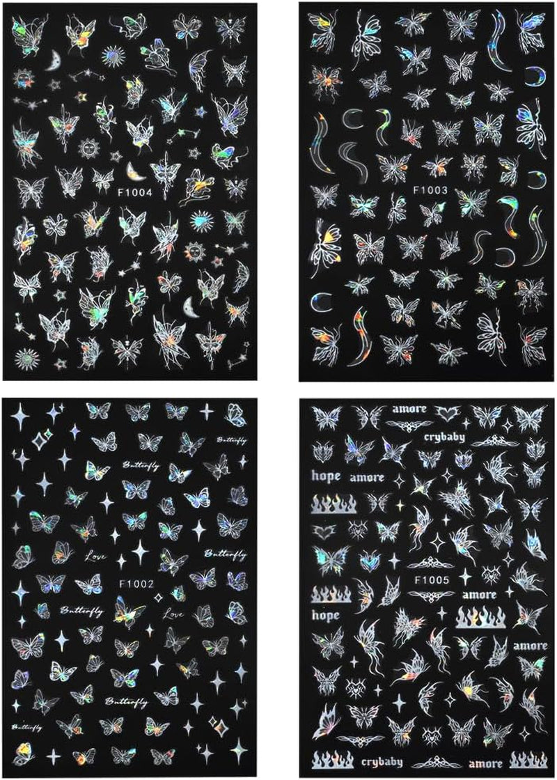 4 Blätter Holographisch Laser Weiß Schmetterling Nálepka na nehty,Y2K Aurora Schmetterlinge Stern Nálepka na nehty 3D Flamme Herz Nageldesign Nálepka na nehty Selbstklebend Nagel Nálepka Nagel Zubehör Nail Art
