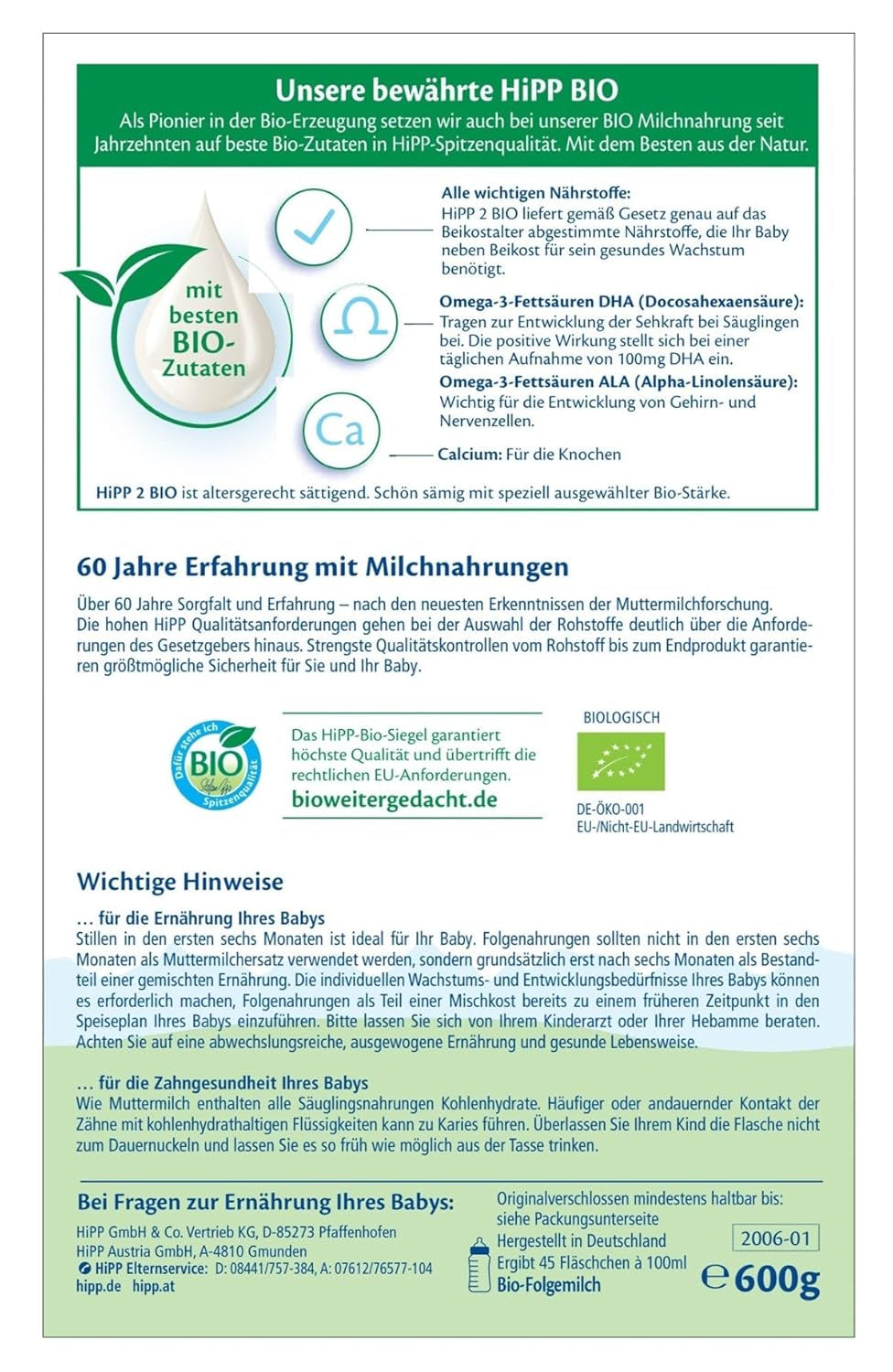 Pokračovací mléko HiPP 2 Bio (4 x 600 g), po 6 měsících, s Omega-3 (DHA, ALA), vápníkem a snadno připravitelným organickým škrobem, nejlepší BIO kvality
