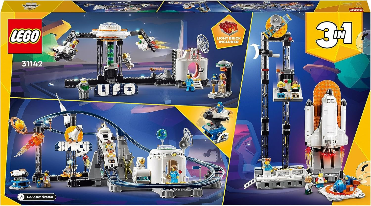 Stavebnice LEGO 31142 Creator 3 v 1 Vesmírná horská dráha pro děti s funkčními vozíky, přestavbami na věž s volným pádem nebo kolotočem s raketami a svítícími kostkami Stavebnice Besuche den LEGO-Store