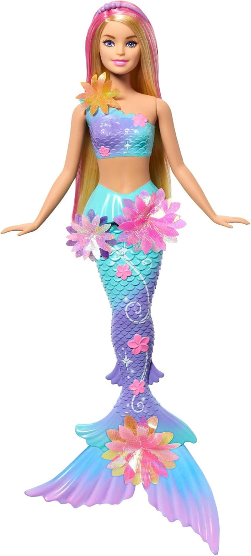 Barbie Meerjungfrauen-Spielzeug Puppe s magischer Überraschungs Blüte, Schwanzflosse mit Farbverlauf, perlenbesetzten Haarreif und langem blonden Haar mit rosa Strehchen, JDM72