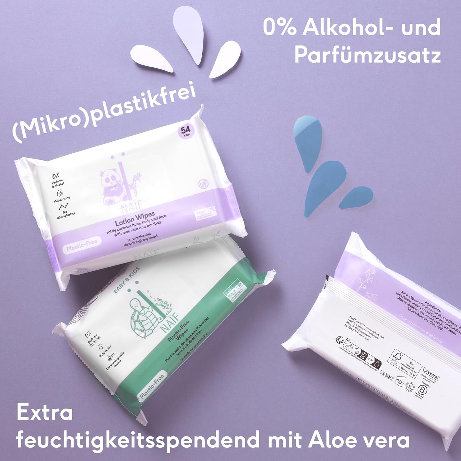Naïf - Vlhčené ubrousky s mlékem bez plastů - 1296 kusů (24 balení po 54 ubrouscích) - pro miminka a děti - Dětský zadeček, tělíčko a obličej - s Aloe Vera a Bambusem - 0% vůně a alkohol