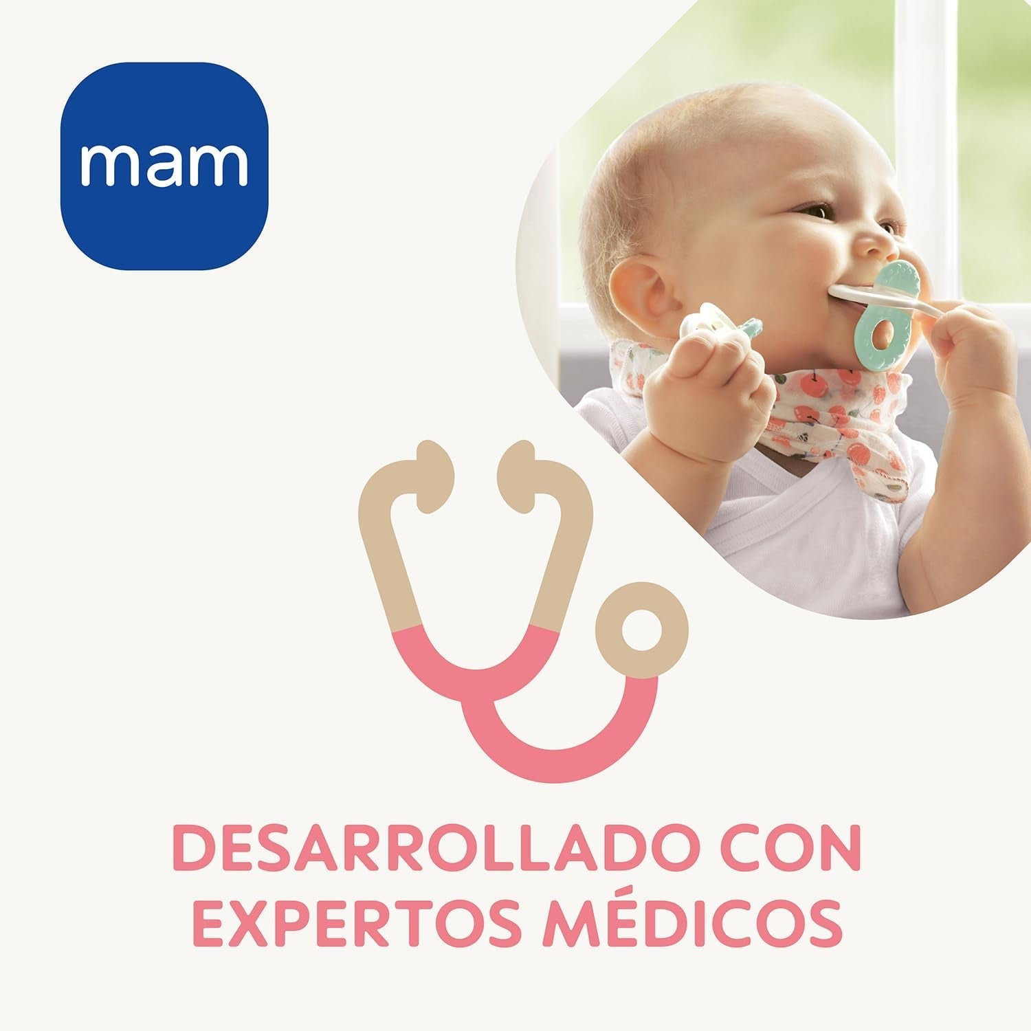 MAM kousací kroužek, 4 měsíce a více, okamžitá úleva pro pozdější erupci, extra lehký a snadno se drží a drží, se samosterilizační krabičkou, růžový, 1 kus