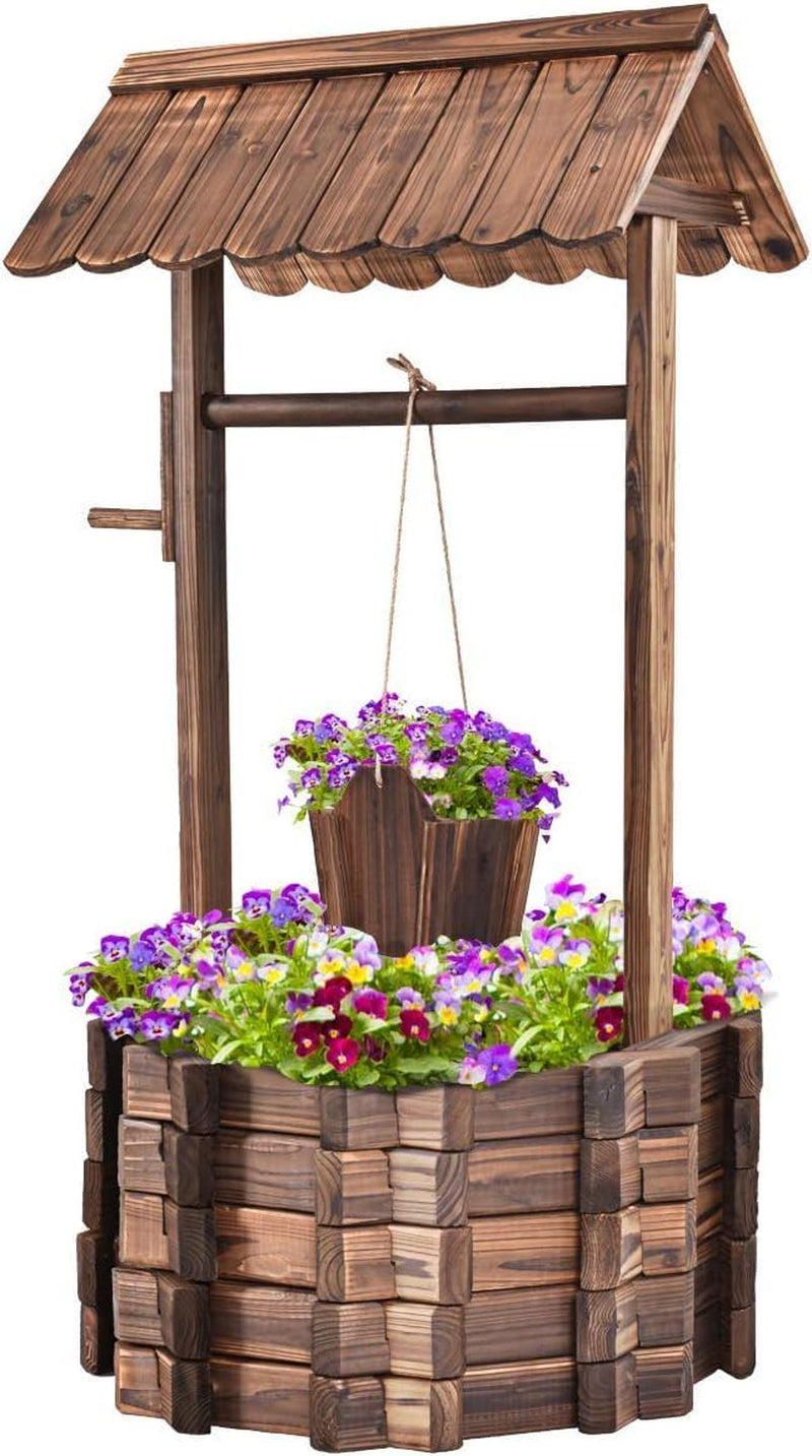 Dřevěná fontána 56x56x114cm se střechou, Studna přání, Zahradní dekorace, Květináče, Dekorační fontána, Květináče, Hnědá